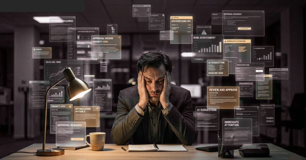 Office worker overwhelmed at desk with floating urgent data panels.