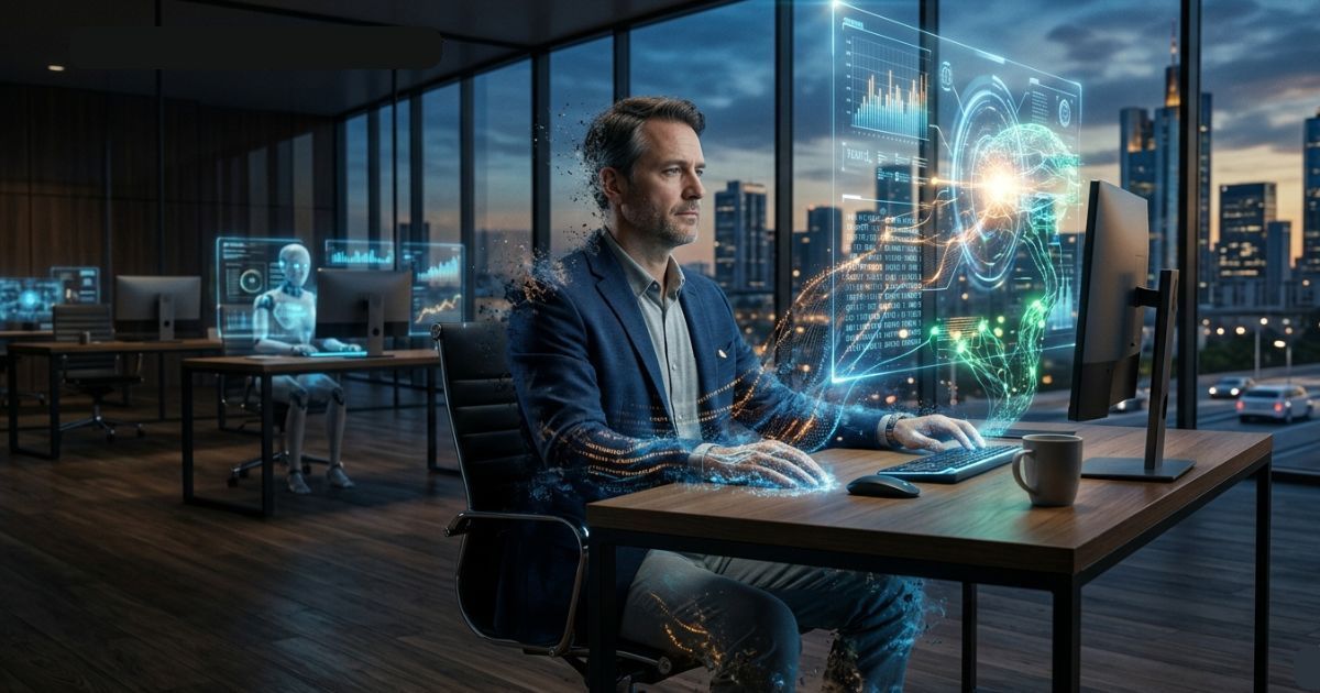 Futuristic office with human and robot collaborating through holographic data interfaces.