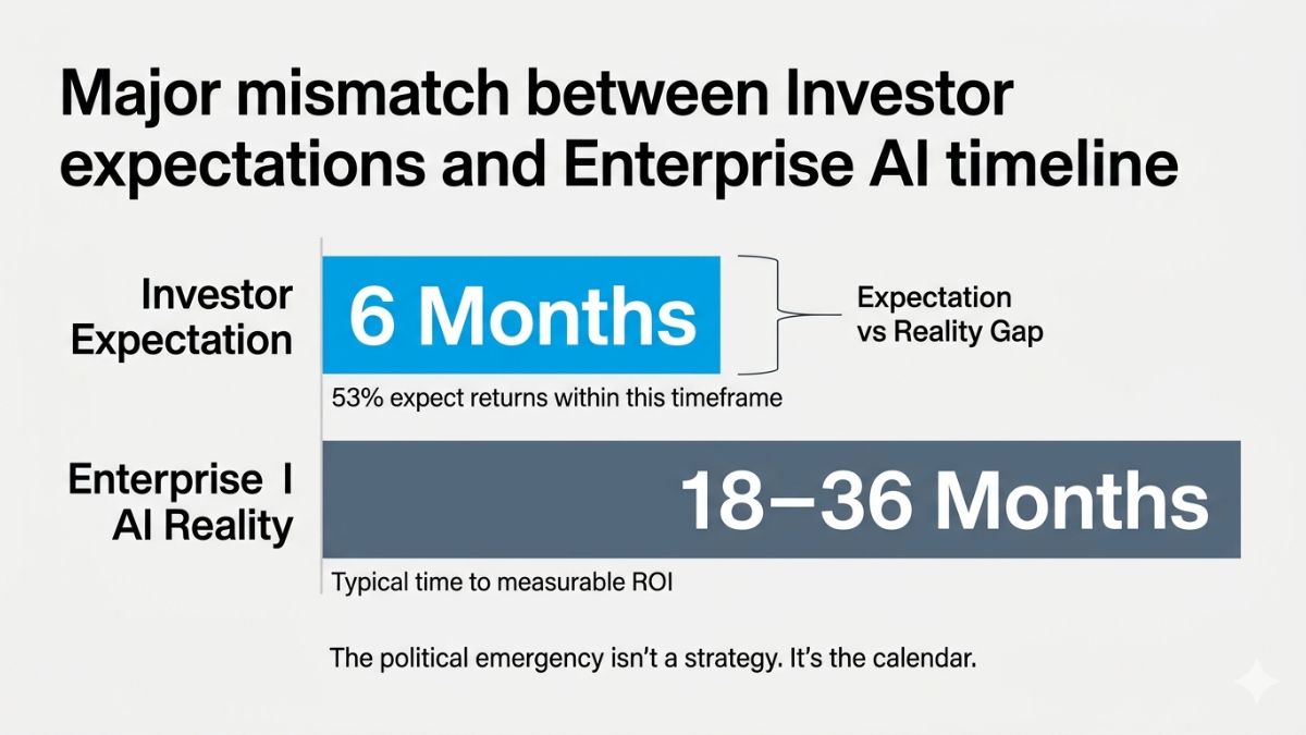 Graphic showing investor expectation of AI ROI in 6 months versus enterprise reality of 18–36 months.