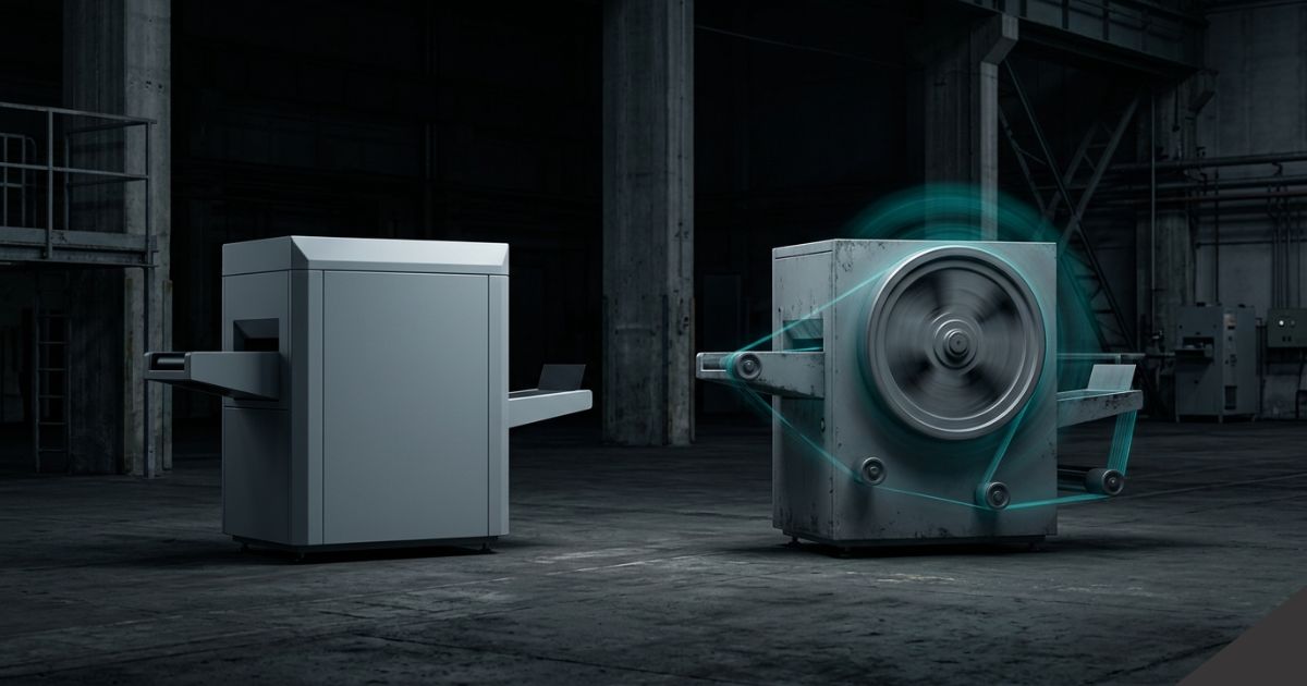 Modern vs. rugged machines in warehouse.
