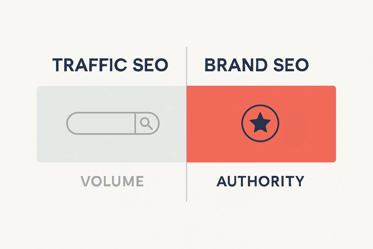 Matrix comparing Traffic SEO and Brand SEO strategies across focus areas, approach, and success metrics