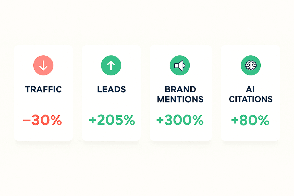 Bar chart showing case study results with 30% traffic decline but 205% lead increase over 90 days