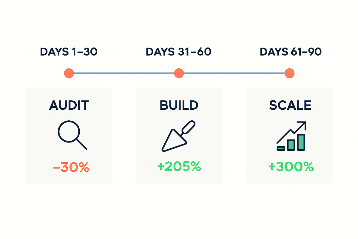 Timeline infographic showing three-phase 90-day brand visibility roadmap