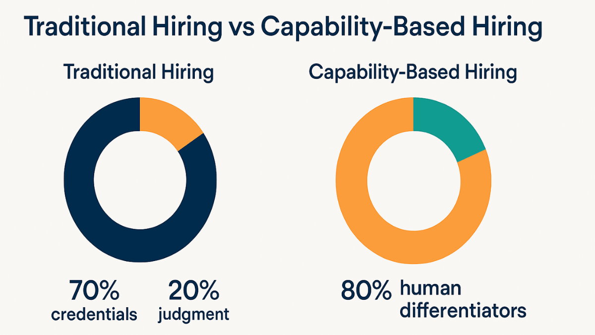 Infographic comparing Traditional Hiring based on credentials with Capability-Based Hiring focused on human differentiators.