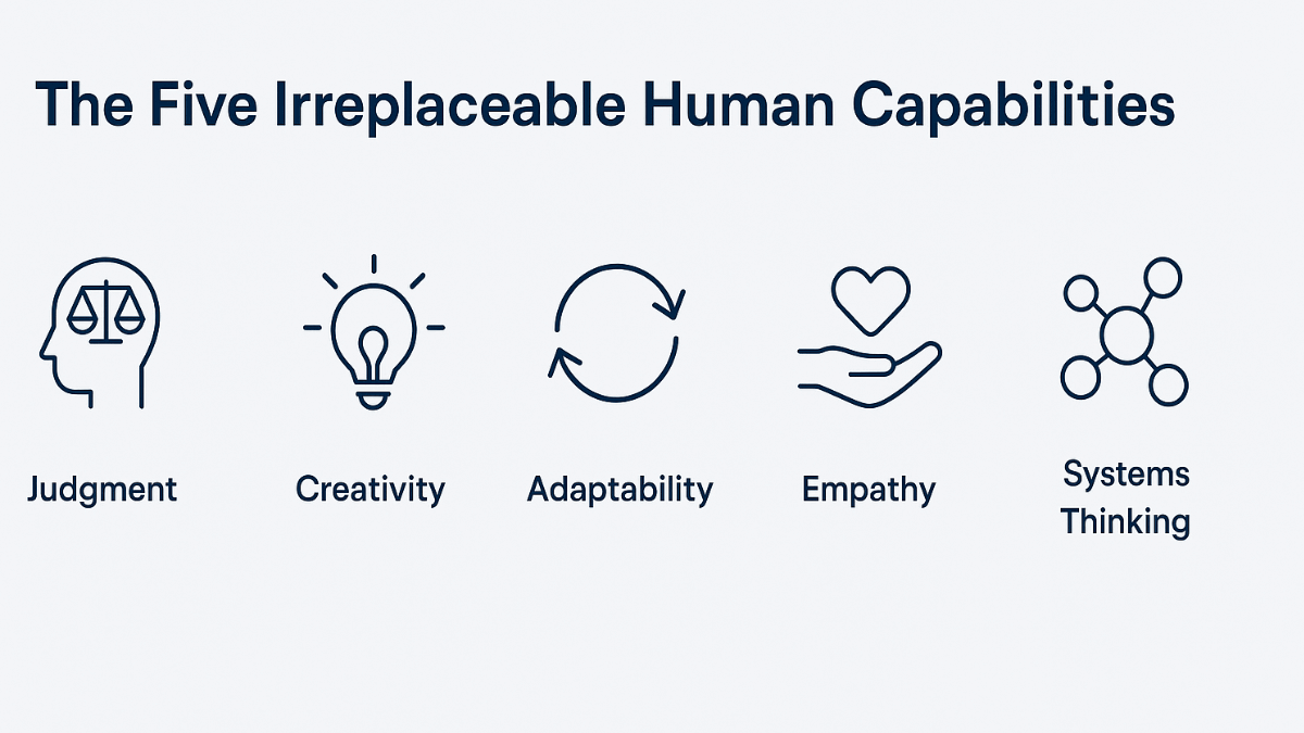 Diagram showing five core human capabilities—judgment, creativity, adaptability, empathy, and systems thinking—visualized with line icons.