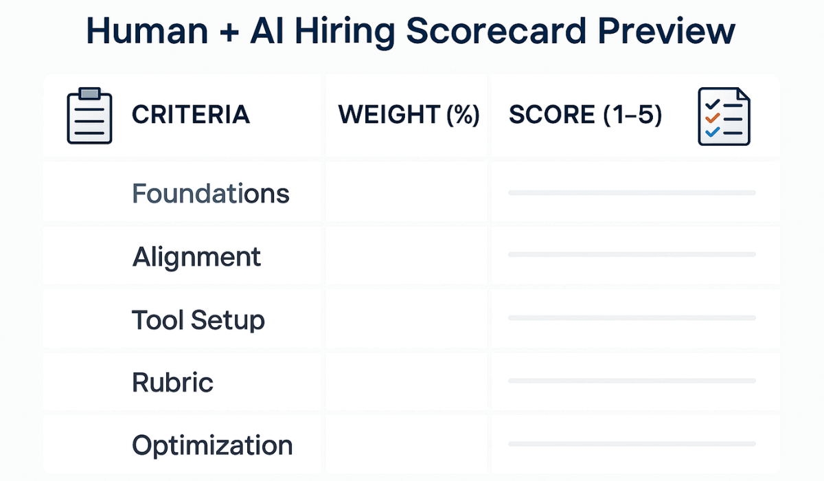 Preview of the Human + AI Hiring Scorecard showing criteria sections, weight distributions, and scoring structure.