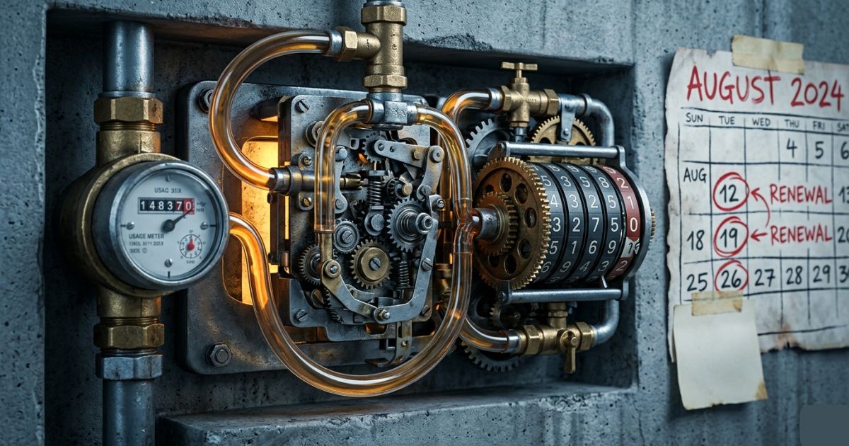 Mechanical meter with brass gears beside August 2024 calendar.