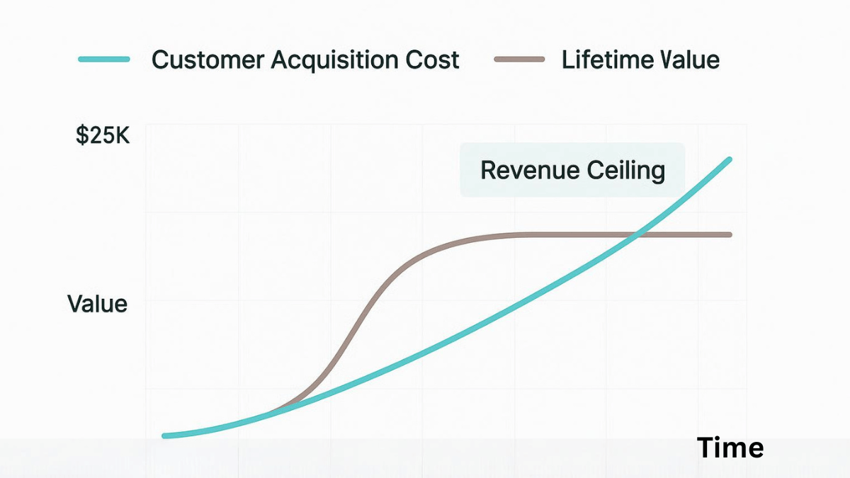 Two-line chart comparing rising customer acquisition cost against flattening lifetime value