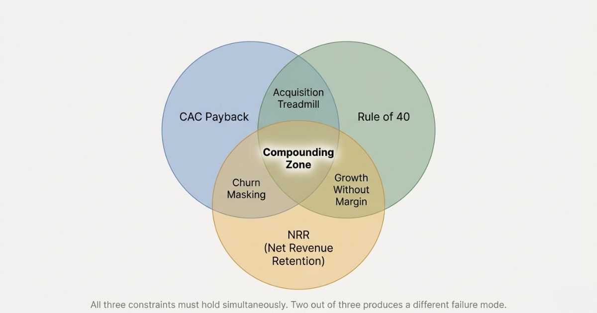 Venn diagram of CAC Payback, Rule of 40, and NRR with ‘Compounding Zone’ overlap.
