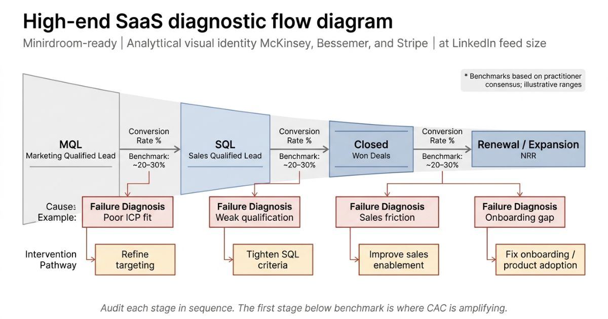 Flow diagram of SaaS funnel stages—MQL, SQL, Closed, Renewal/Expansion—with benchmarks and diagnostic notes.