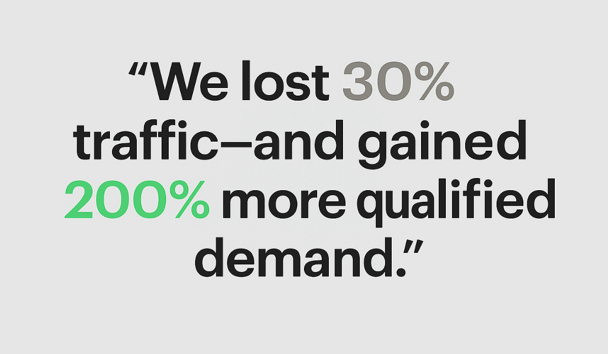 Quote graphic reading: “We lost 30% traffic—and gained 200% more qualified demand,” with 30% in gray and 200% in green for emphasis.