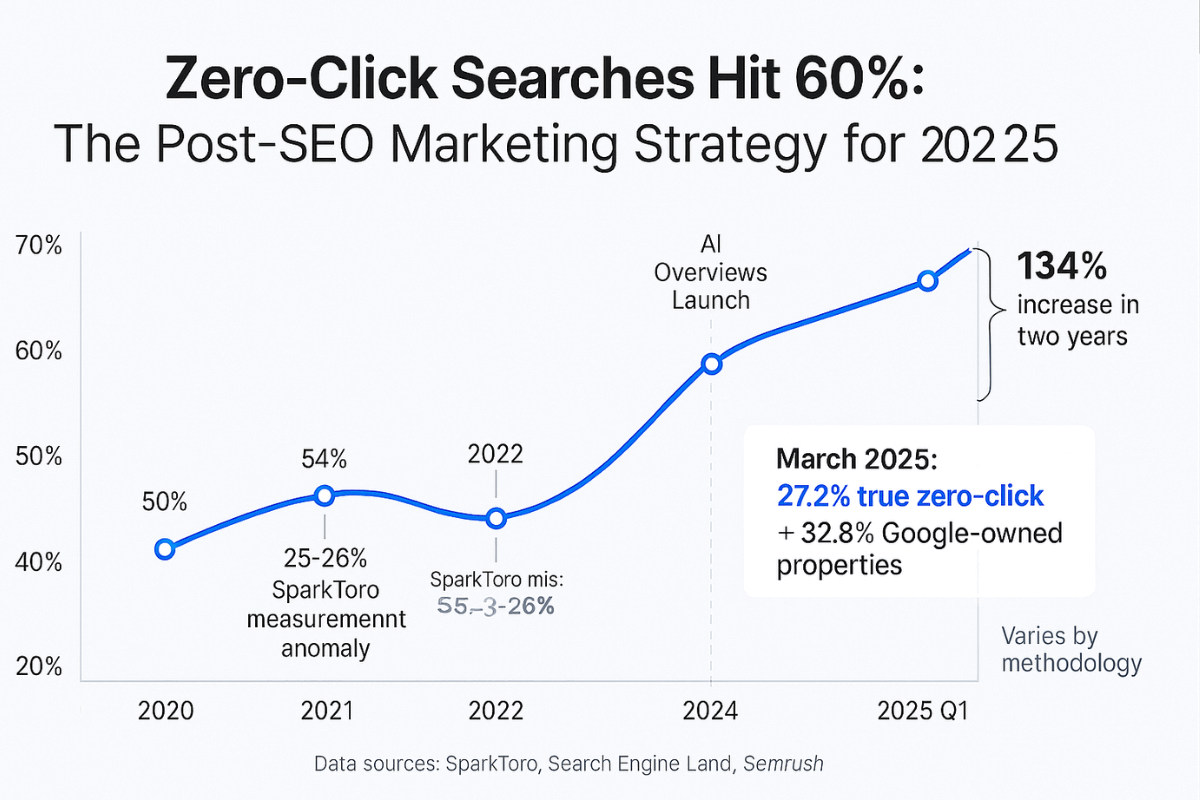 Zero-click search percentage growth from 2020 to 2025 showing increase from 50% to 60%