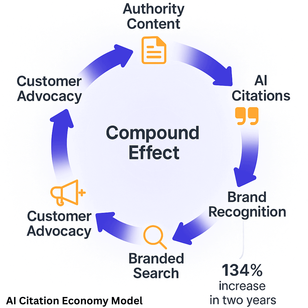 AI Citation Economy flywheel showing how authority content leads to citations, brand recognition, and conversions