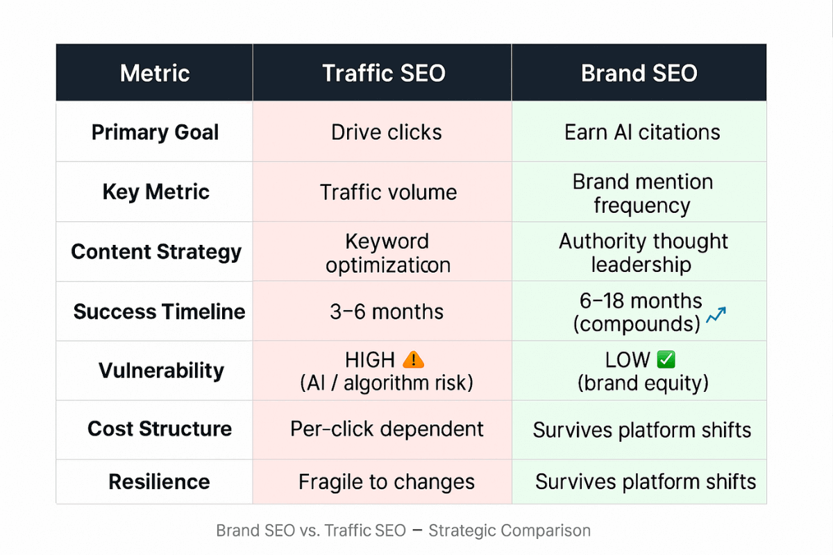 Comparison table showing brand SEO versus traffic SEO across goals, metrics, content strategy, and risk factors