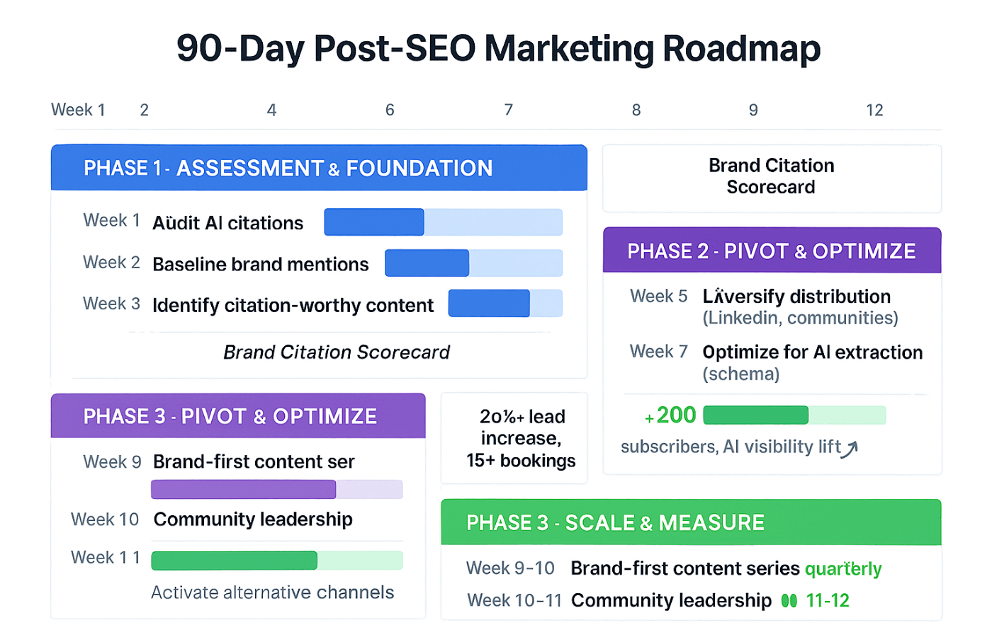 Three-phase 90-day post-SEO marketing roadmap with assessment, pivot, and scale milestones